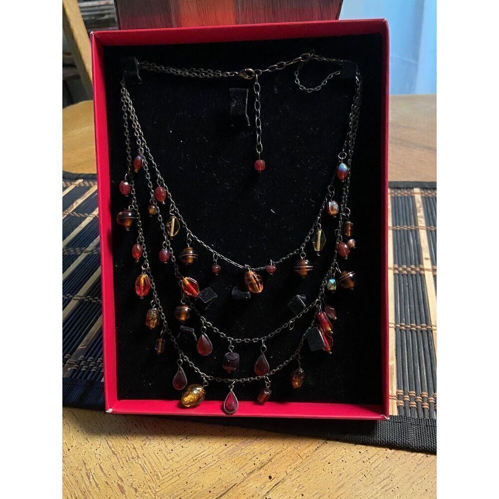 Cascade Necklace By Two's Company, Amber Coloured Mixed Beaded Necklace, Boxed
